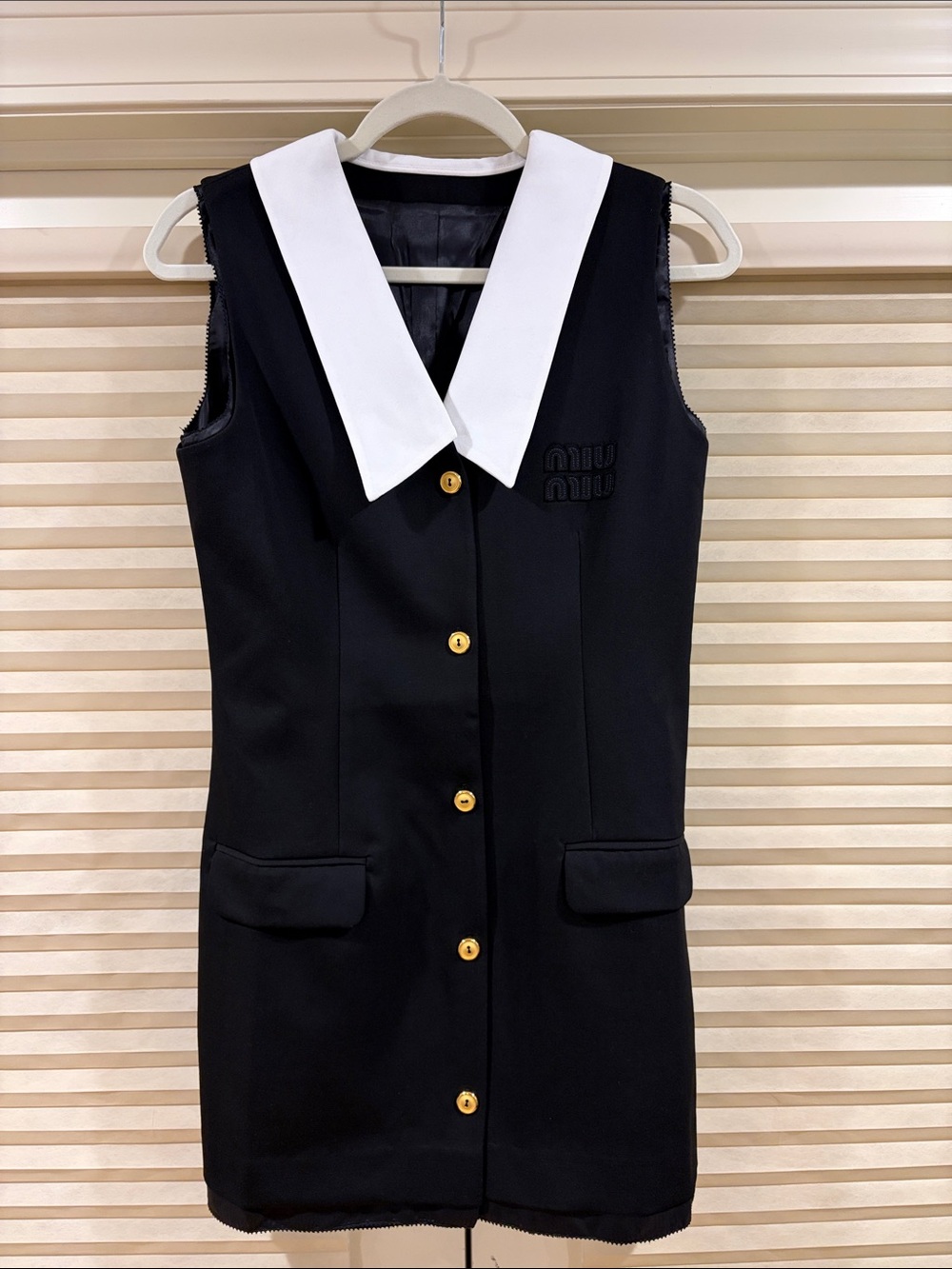 NWOT Miu Miu Black Sleeveless Shift Dress with White Pointed Collar, Size 40 = M